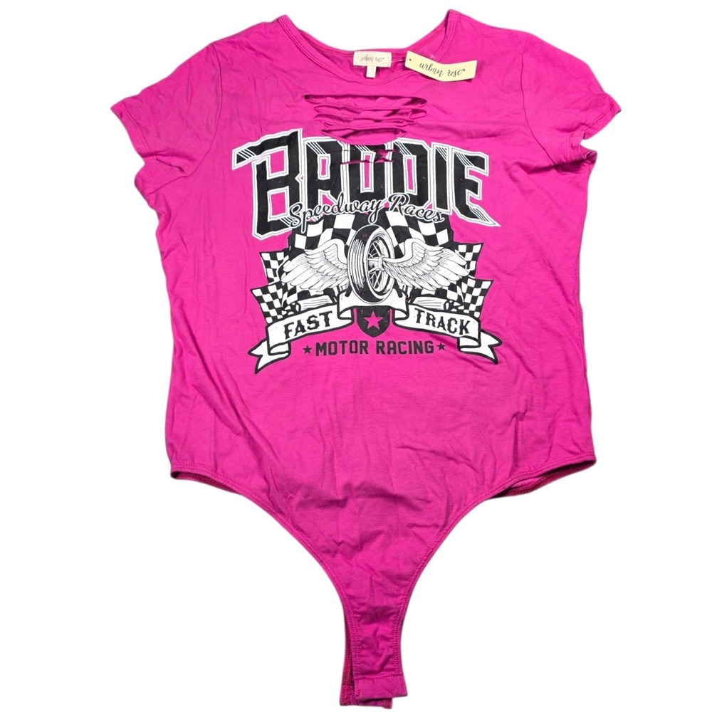Urban Rose Pink‎ Baddie Speedway Races Graphic Bodysuit Cutout Plus 1X NWT